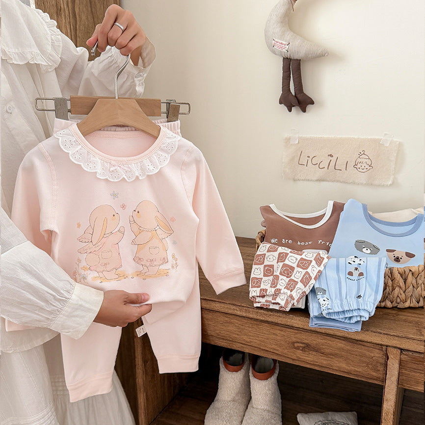 Kidsfall and wintershu velvet 320gthickenedpure cotton autumn clothes and long pants home clothes suit class a boneless baby set of two pieces