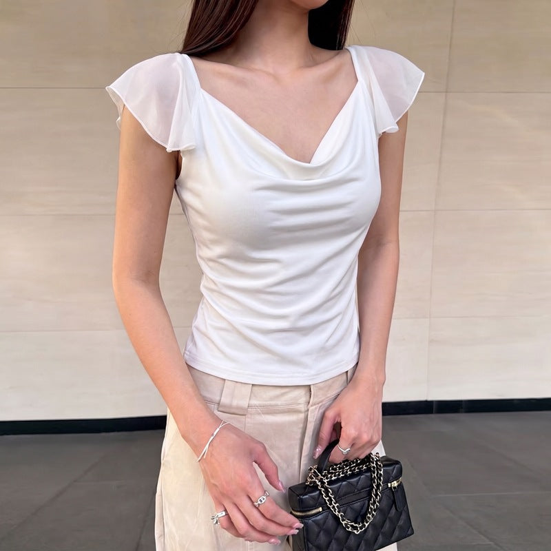 fashion style women's clothing  summer new arrivalfashionv neck chiffon backless short-sleeved waist topst-shirt wholesale