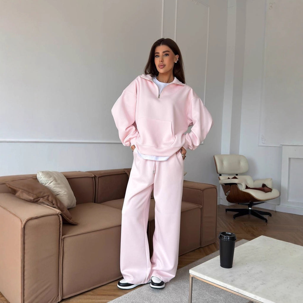 European and American  leisure women's cotton-containing set zipper lapel pullover sweater strap straight wide-leg pants two-piece set