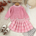 Spring autumnew arrivalgirlsweatersuitk-style baby girl round neck rhombus plaid pullover shirt plaid skirttwo-piece set