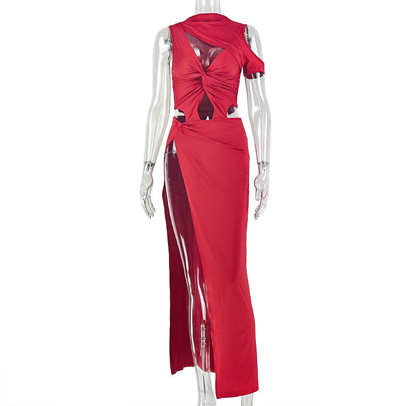 European and american style solid color women's fashionable asymmetrical high neck sleeveless maxi dress with cutout and cropped design