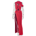 European and american style solid color women's fashionable asymmetrical high neck sleeveless maxi dress with cutout and cropped design