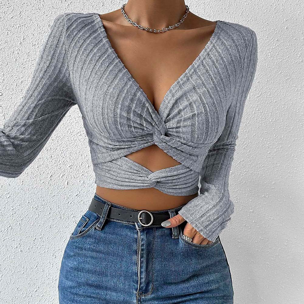 cross-border women's fashion: sexy v-neck tee - autumn/winter cropped slim-fit top with a touch of flair