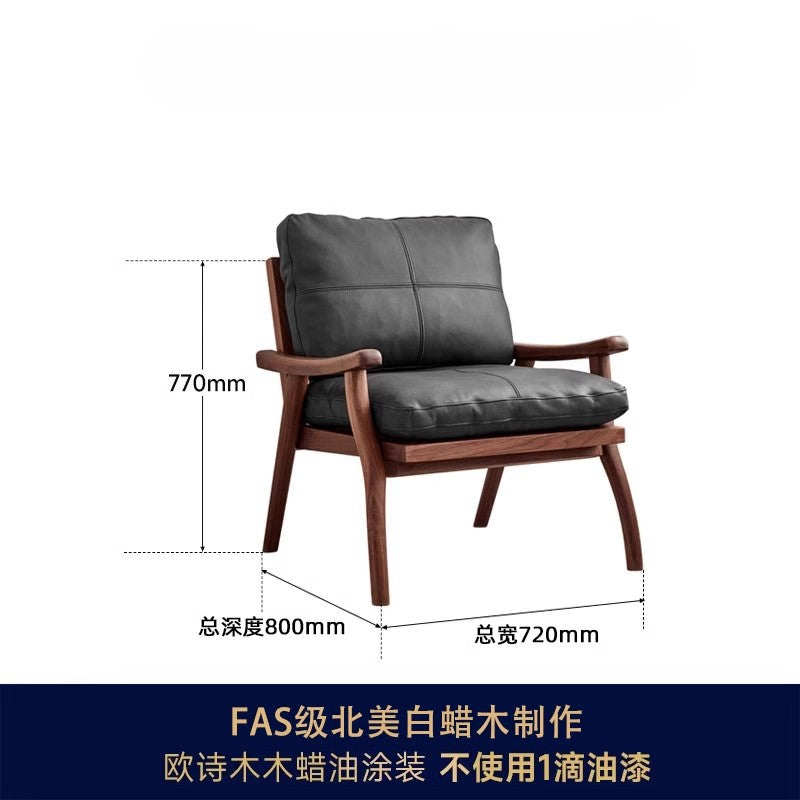 Genuine leather solid wood single sofa chair - minimalist armchair for study, living room, walnut finish - designer accent chair