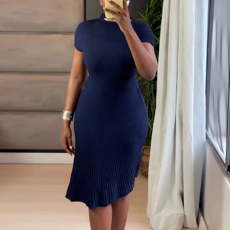 European and american cross-border women's fashion:  autumn new arrival - elegant turtleneck ribbed slim-fit solid color midi dress with short sleeves