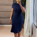 European and american cross-border women's fashion:  autumn new arrival - elegant turtleneck ribbed slim-fit solid color midi dress with short sleeves