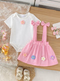 Children's clothing shein cross-border girl suitwhite short-sleeved t-shirt + pink suspender skirt