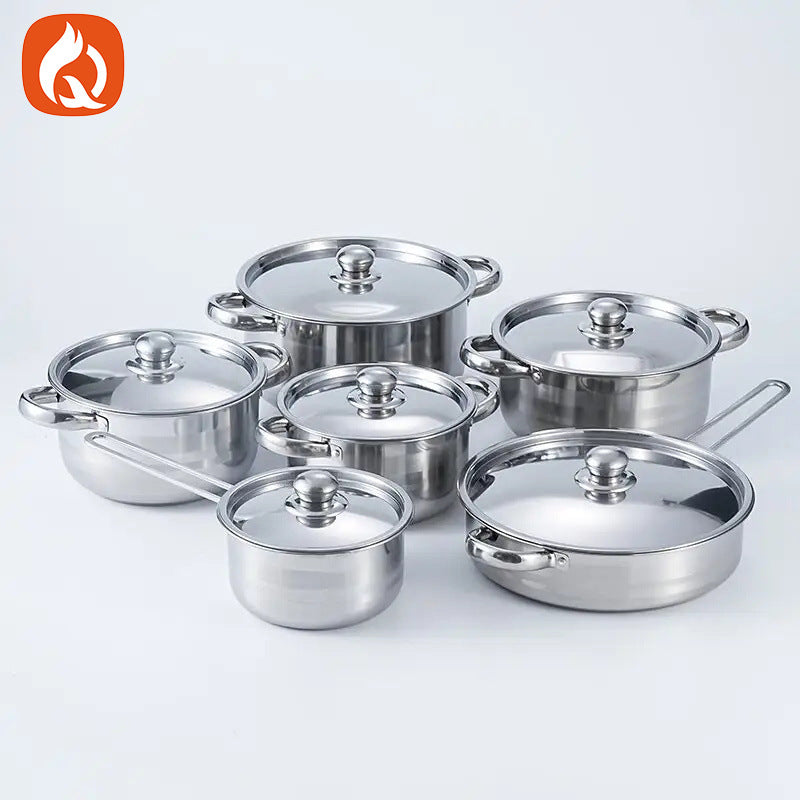 Wholesale stainless steel cookware set cross-border 12pcs cookware set household soup pot milk pot frying pan combination cookware pot
