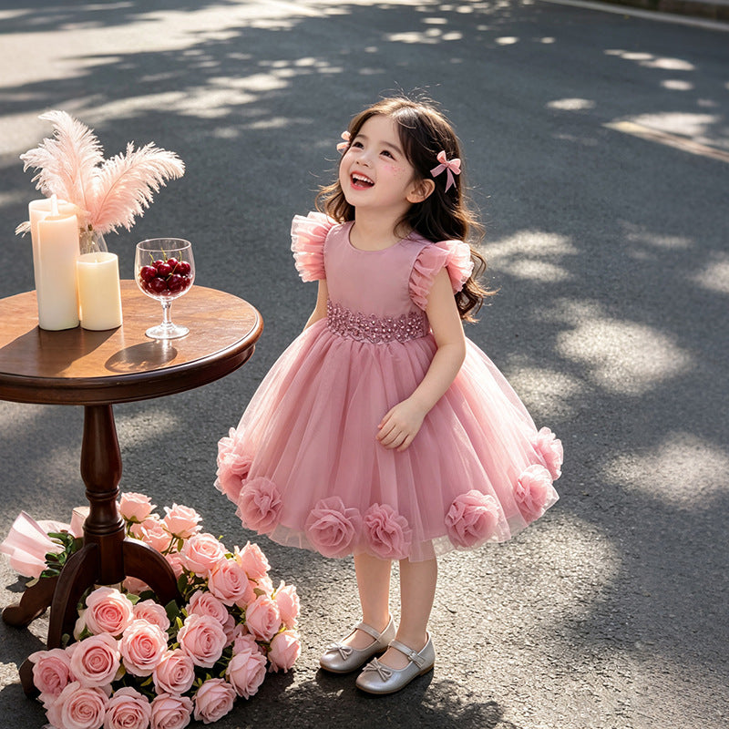 Girls' dress - mesh embroidered sweet style - baby birthday & first birthday princess dress - in stock wholesale - flutter sleeve tulle
