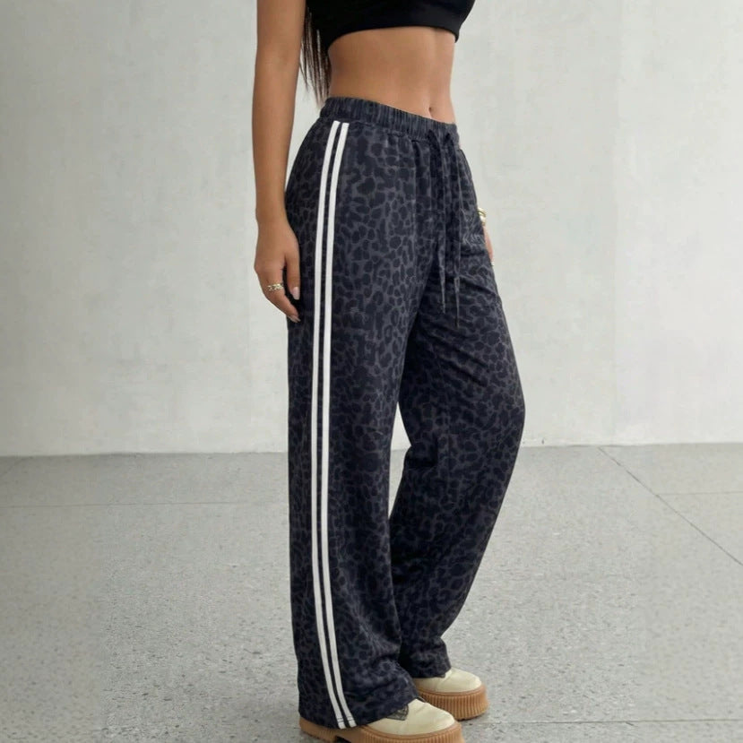 european and american ins style leopard print patchwork wide-leg pants - high waist, loose fit, trendy brand, slimming, casual straight leg