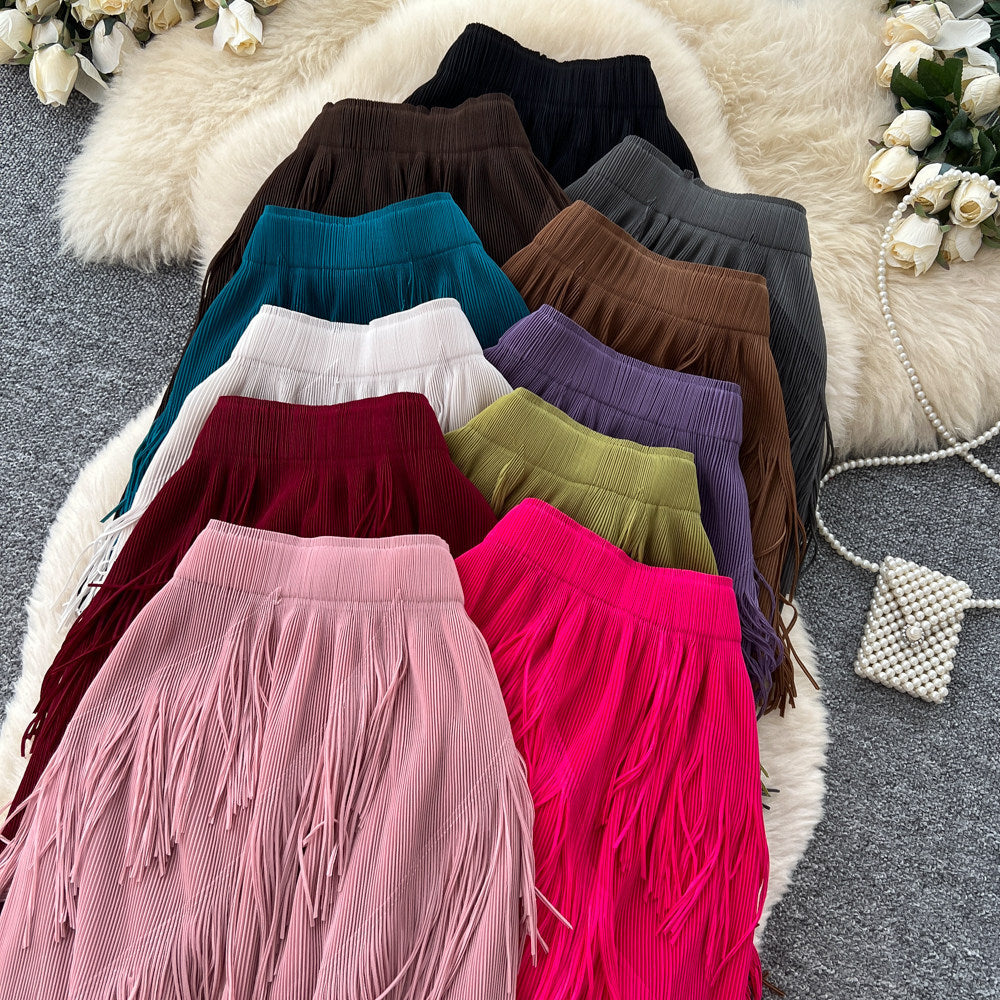 Korean style tassel trim a-line midi skirt - women's 2026 summer high-waisted commute chic tassel skirt