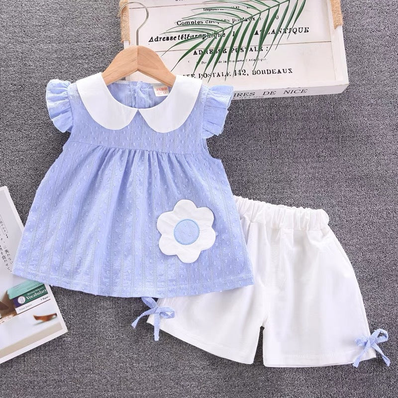 Girls' summer outfit set : new fashionable korean style short-sleeve top and shorts two-piece set for baby girls