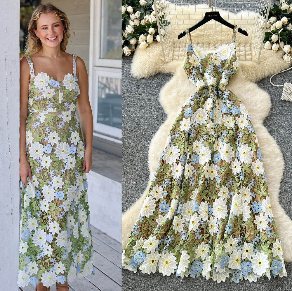 High-end women's luxury party dress: exquisite colorful hollow-out crochet lace camisole dress with cinched waist - summer  collection