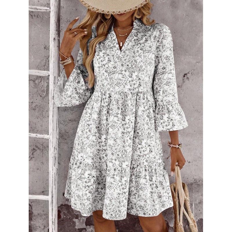 Amazon summer european style casual minimalist elegant bohemian romantic vacation v-neck dress for women