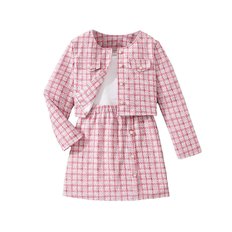european and american girls' outfit: long-sleeved chanel-style jacket + solid color vest + plaid midi skirt three-piece set