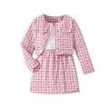 european and american girls' outfit: long-sleeved chanel-style jacket + solid color vest + plaid midi skirt three-piece set