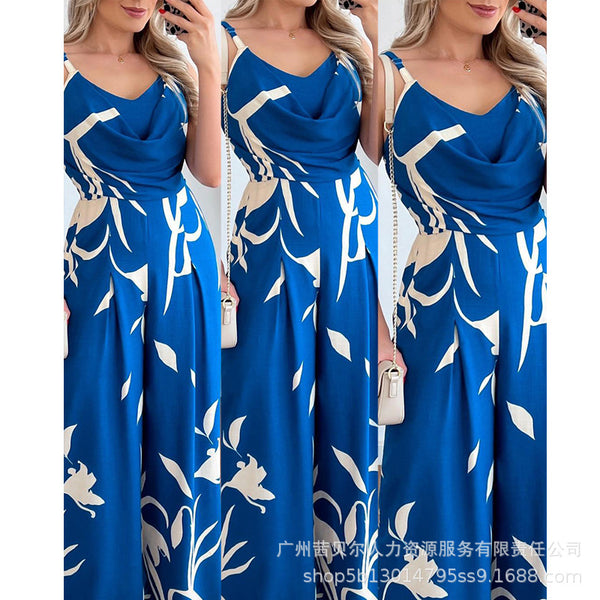 T1LZR18148 Cross-border European and American women's clothing tropical printing sexy swing collar suspender waist wide-leg jumpsuit