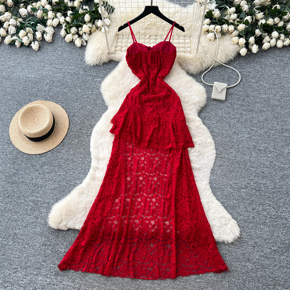 Frenchromantic style asymmetricallace suspender dress female summer pure lust style ruffles waist slimming look a-line skirt