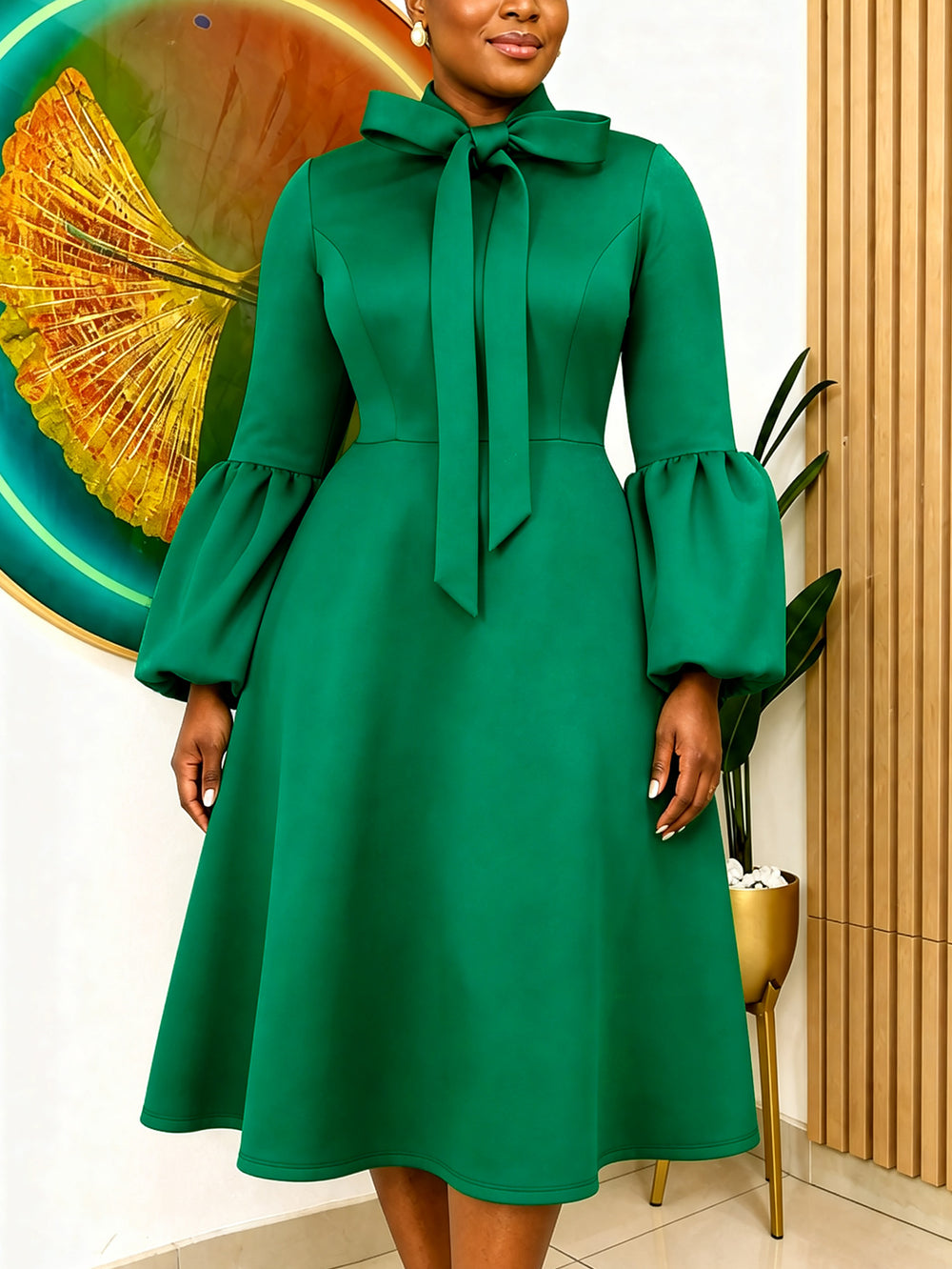 Fall and winternew arrivalbows stand collar puff sleeve large hem skirt retroelegance waist a hem party dress dres