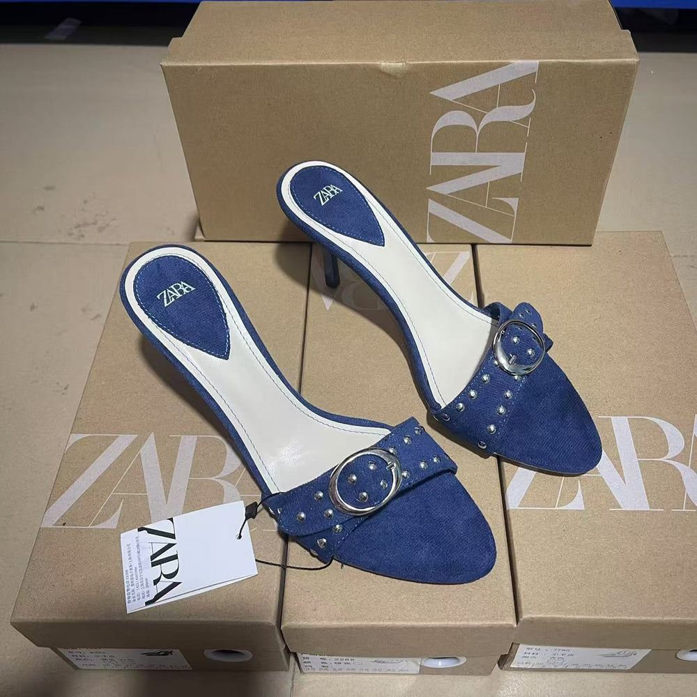 Za2024autumnew arrivalwhite bottom blue pointed toe fashion women's shoes one-shaped buckle daily easiest for match sandals women