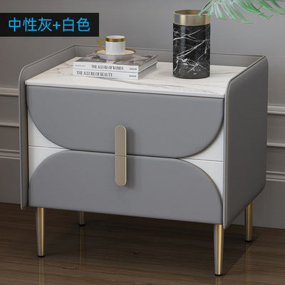 Nordic light luxury sintered stone nightstand, minimalist modern leather bedroom bedside table, solid wood upholstered, ultra-minimalist light luxury style