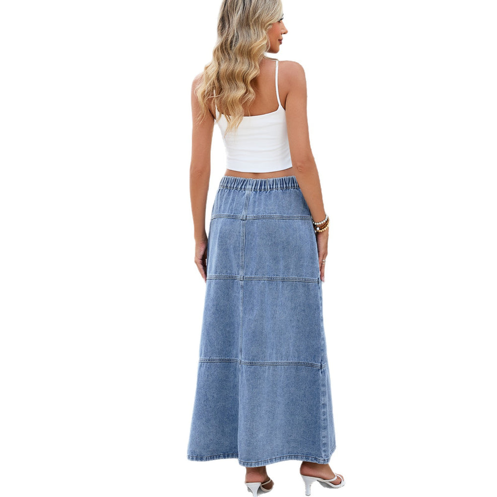 European and american cross-border e-commerce  new arrival elastic waist front button patchwork design versatile denim midi skirt for women