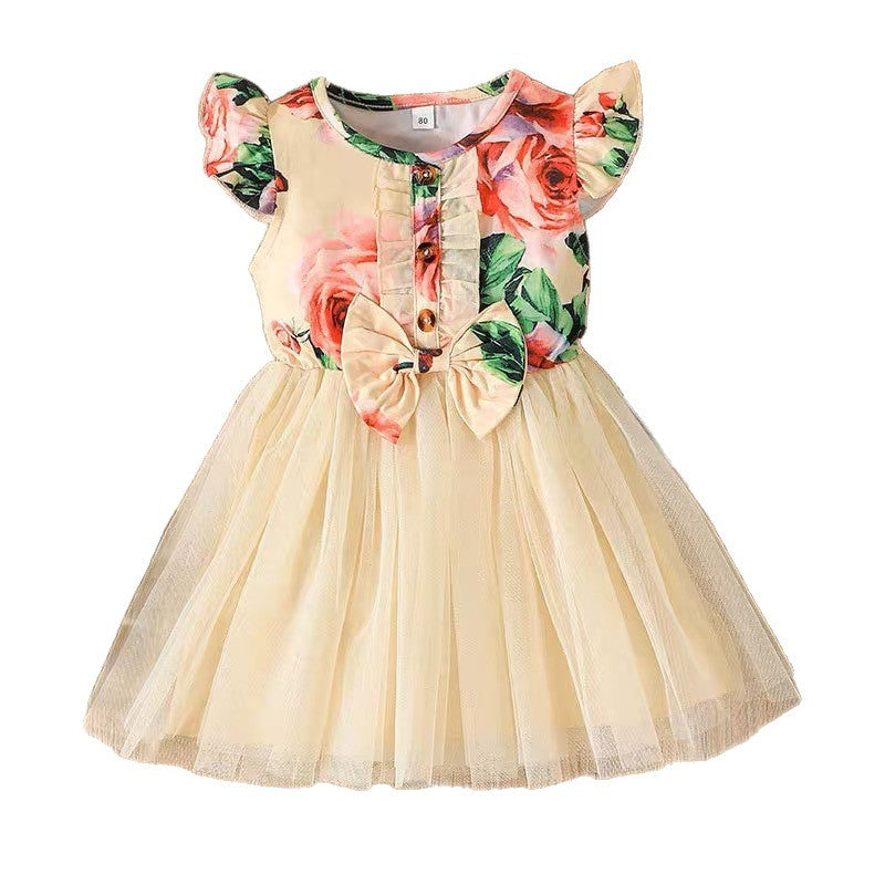 summer cross-border children's wear: new girls' bowknot patchwork floral print dress with mesh skirt