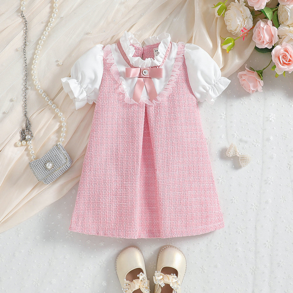 cross-border hot-selling lace bow preppy chic baby girl faux two-piece chanel-inspired princess dress