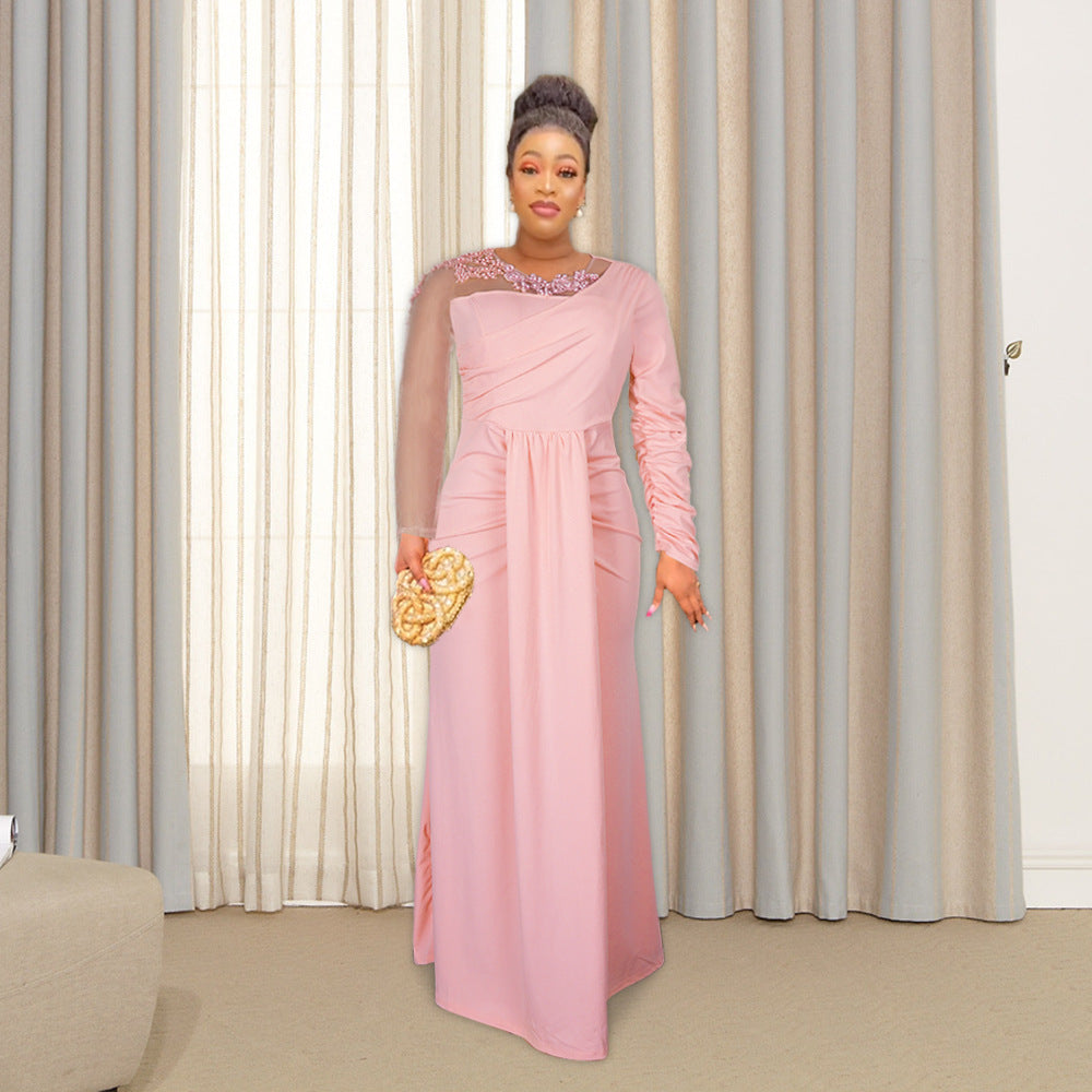 new bridesmaid dresses cross-border e-commerce african women's long sleeve maxi dress  train evening gown