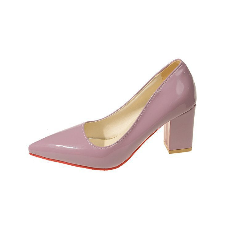 Exportnew arrivalplus size pointed toe square heel high heels 2026 summer shallow mouth fashion patent leather thick heel professional women's flats