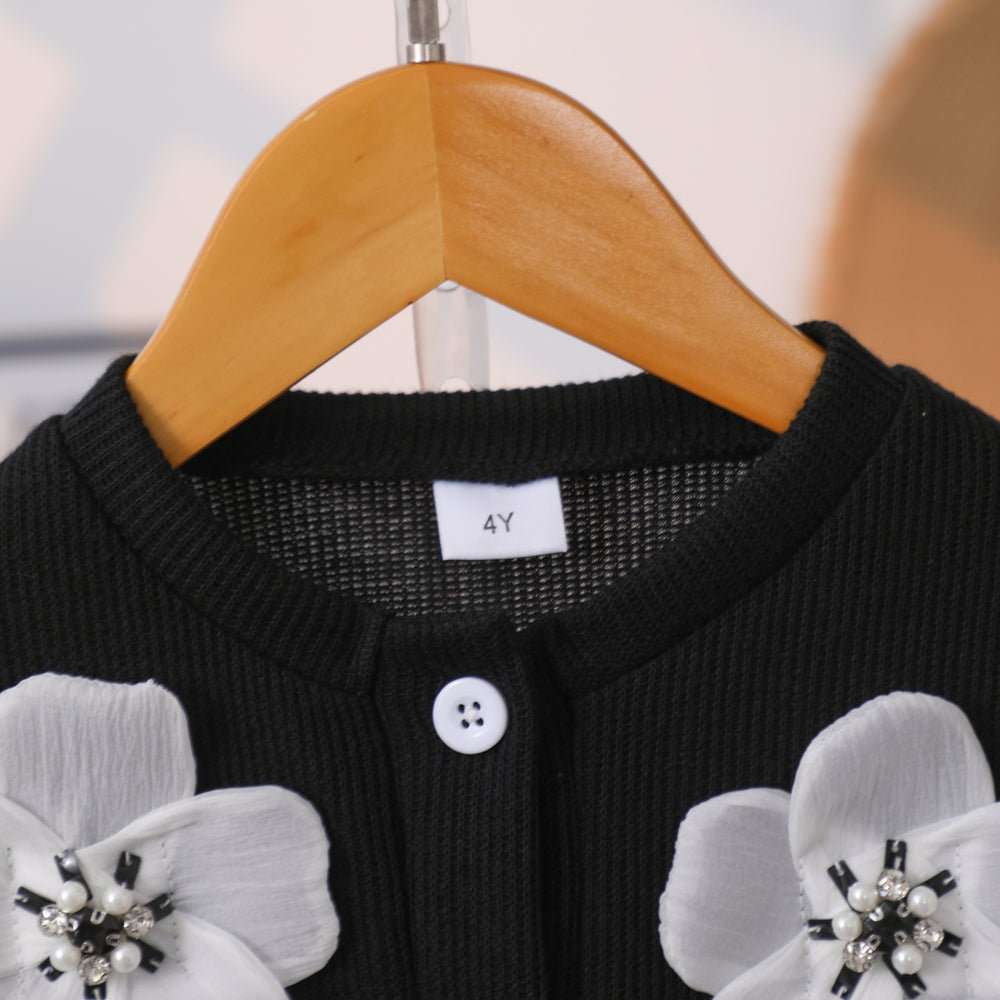 Girls' two-piece set: 3d floral long-sleeve cardigan + skirt outfit