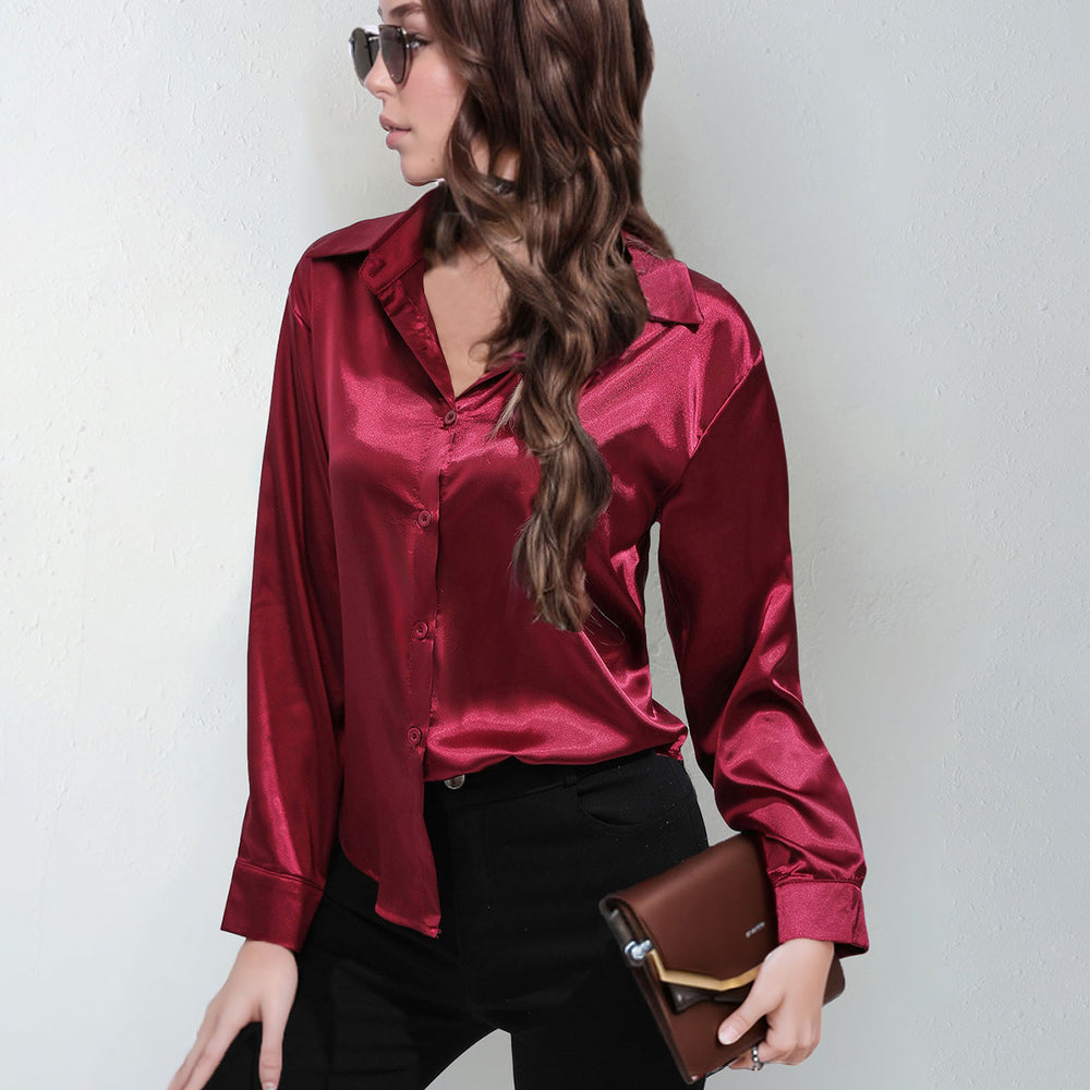 Satin shirt women's satinartificial silk long sleeves  best sellingpure colortopselegance button front lapel shirt