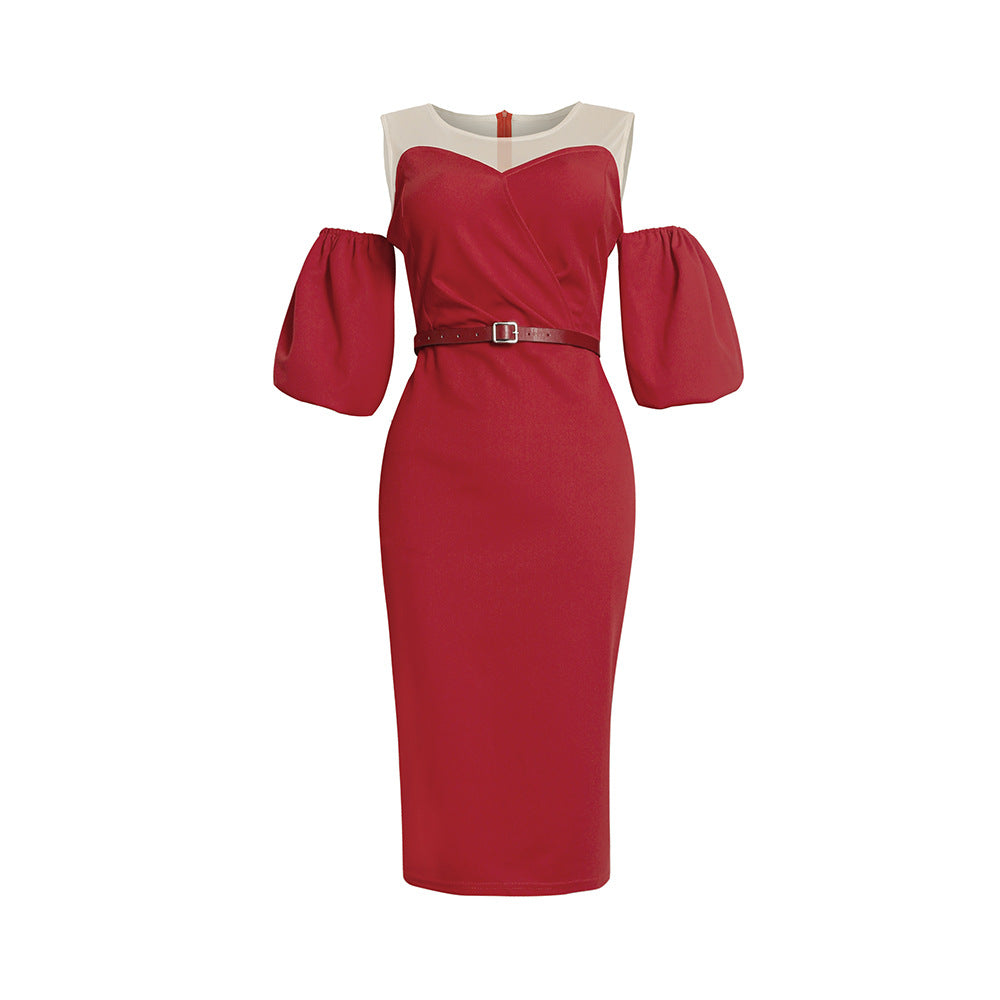 Plus size women's fashion: european & american style african-inspired dress - puff sleeve, off-the-shoulder, sexy bodycon midi dress with belt