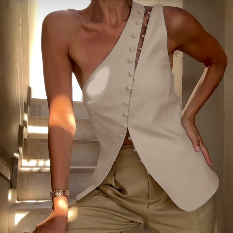 women's spring  new fashion design asymmetrical neck hook-and-eye closure sleeveless tank top - hot girl style