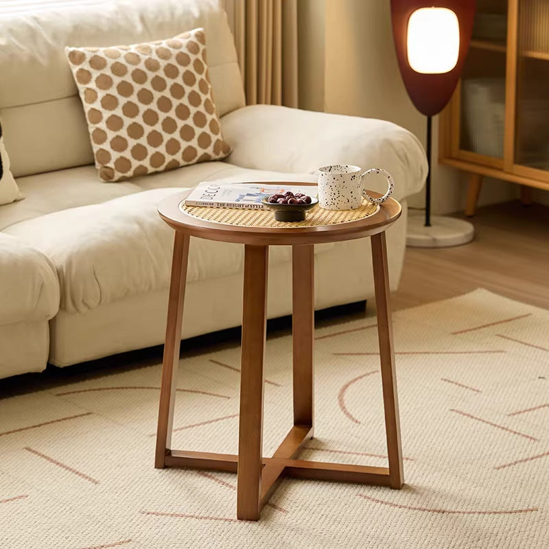 Solid wood rattan coffee table, medieval for home bedside living room, colorful style side table, rattan rubber wood round private residence