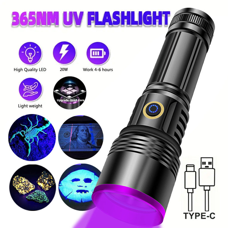 High power purple light flashlight 20w wholesale uv black mirror jewelry fluorescent anti-counterfeiting detection 365nm purple light spot