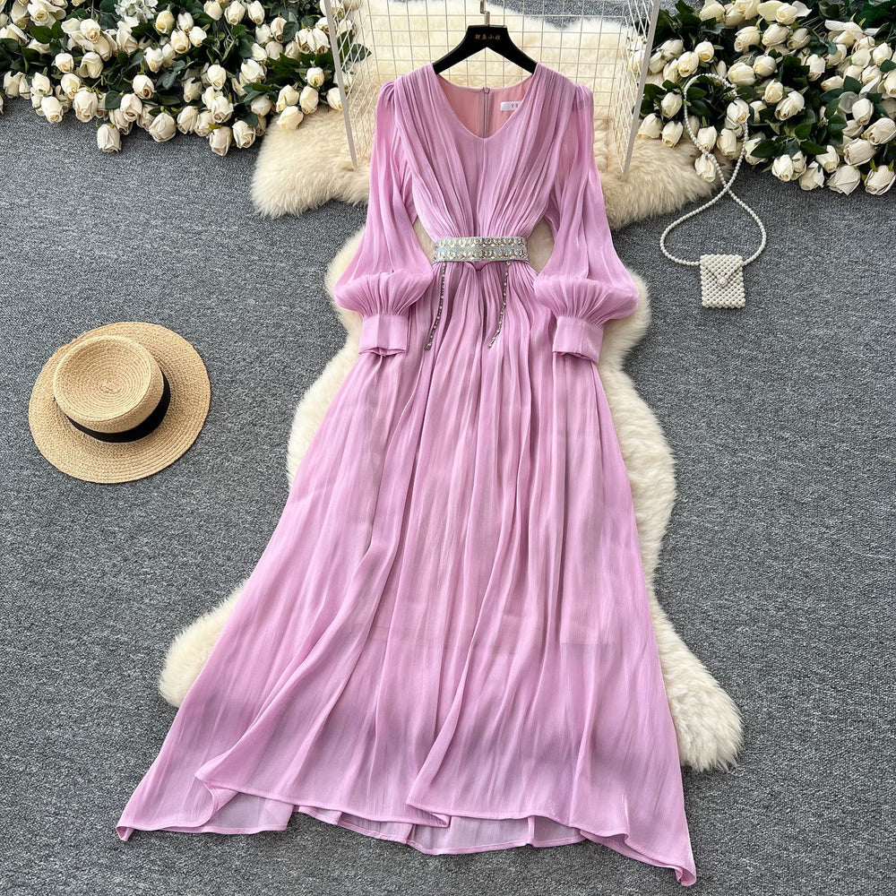 French chic high-end v-neck lantern sleeve tie-waist flowy chiffon maxi dress - elegant women's long dress