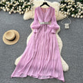 French chic high-end v-neck lantern sleeve tie-waist flowy chiffon maxi dress - elegant women's long dress