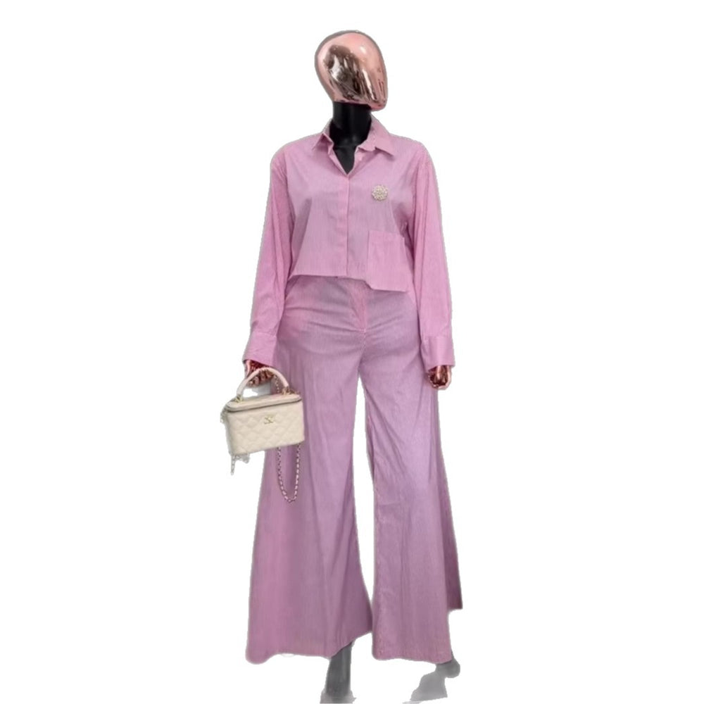 European and american cross-border women's fashion:  spring new collection - striped asymmetrical long sleeve shirt and wide leg pants set