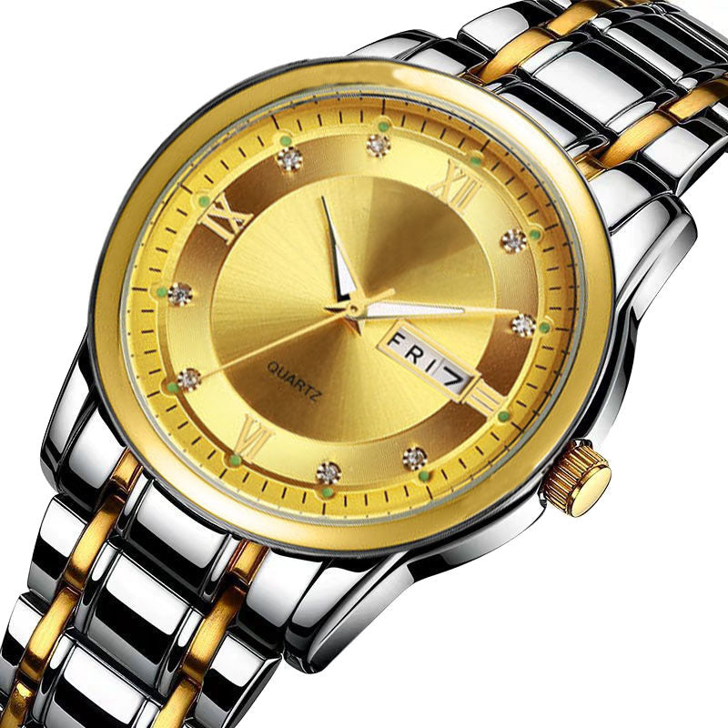 【tv shopping hot pick】diamond-accented stainless steel quartz watch - wholesale for men, dual calendar, luminous, suitable for women, couple's style