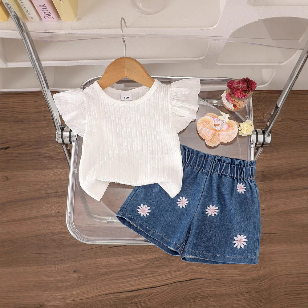 Children's clothing  fashion children's clothing cross-border off-white flying sleeve t-shirt + blue shorts