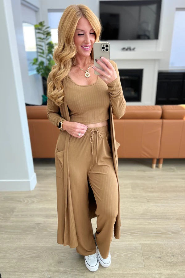 new cross-border fashion: women's long-sleeved tank top, longline jacket, and wide-leg tie-waist pants three-piece set for the us and european markets