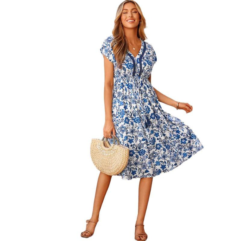 Amazon chic floral dress - women's  summer new arrival: loose a-line casual v-neck beach dress