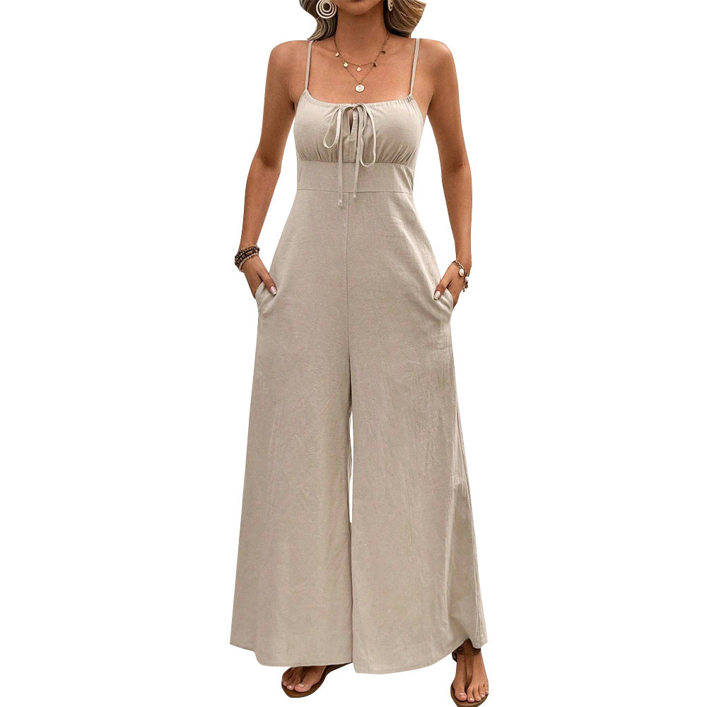 summer all-cotton knit high-waisted wide-leg flare sleeveless jumpsuit - european & american chic, elegant style