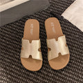 Fashionable starlight silver h strap versatile soft sole mules - french retro flat slide sandals for women