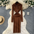 Elegant and chic metallic buckle collar long sleeve dress - women's slim-fit knit maxi dress for autumn