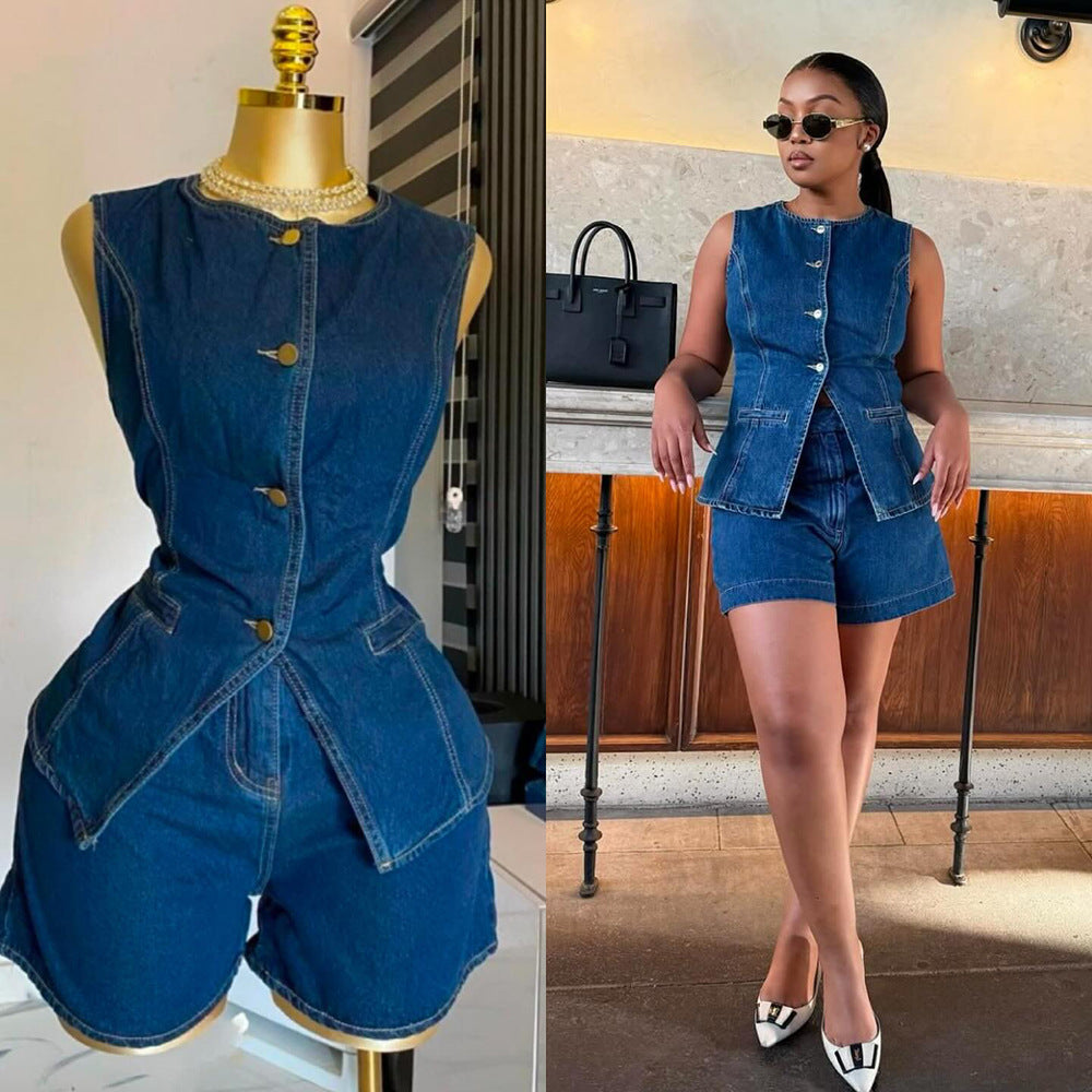 timu foreign trade hot-selling european and american trendy denim sleeveless top and shorts set, ready stock dropshipping wholesale set