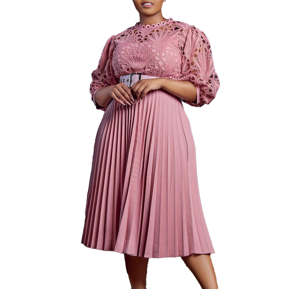 european and american women's clothing  summer new fashion elegant lace hollow-out sexy pleated plus size foreign trade dress