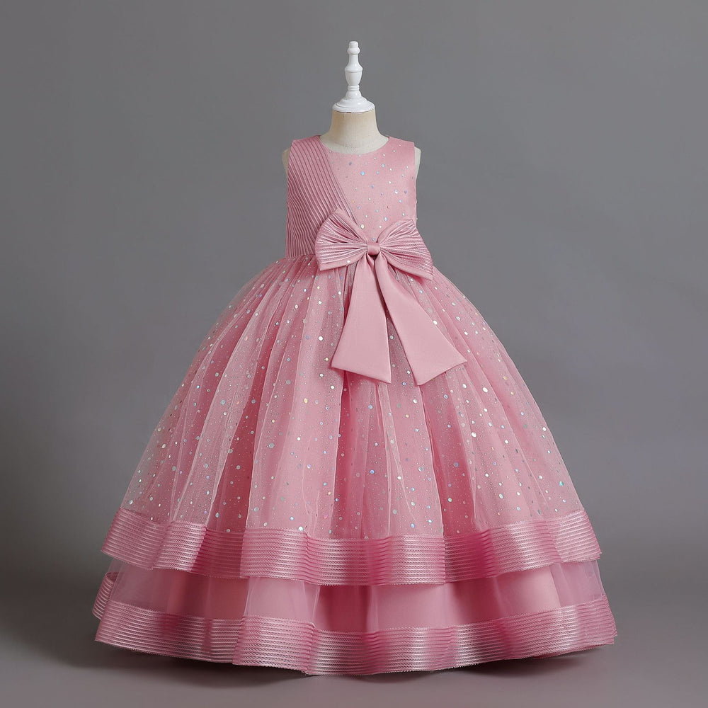 Ready-to-ship wholesale children's polka dot formal dresses, featuring large bow princess skirts for girls, high-end flower girl dresses, and kids' dresses