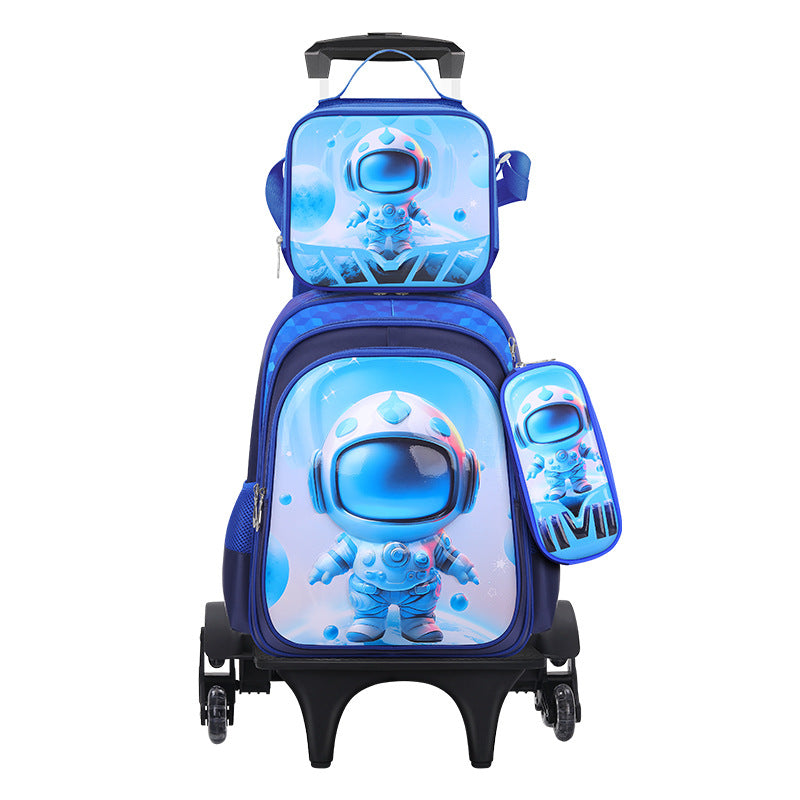New 3d leather elementary school nylon fabric three-piece set kids' trolley backpack foreign trade lunch bag factory in stock